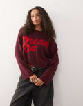 [Noisy May] Noisy May crew neck boxy knit jumper in burgundy with red L Windsor wine