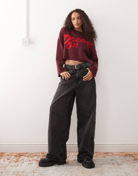 Noisy May crew neck boxy knit sweater in burgundy with red text - view 1