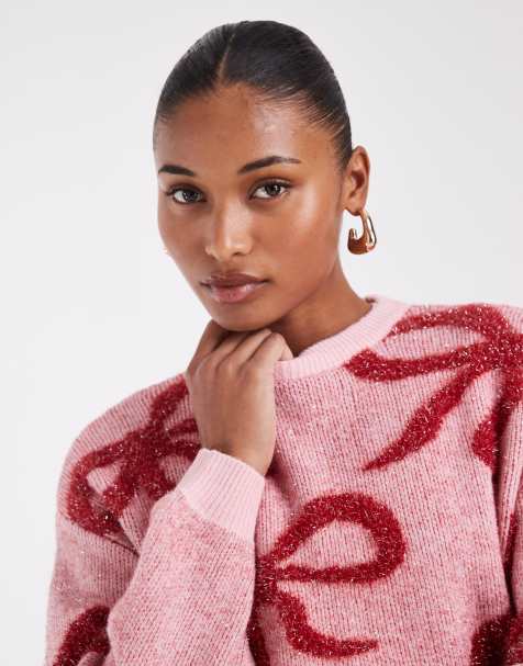 Noisy May crew neck Christmas sweater with bows in pink - view 1