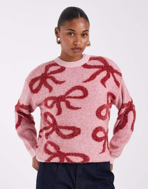 Noisy May crew neck Christmas sweater with bows in pink, 2 of 4