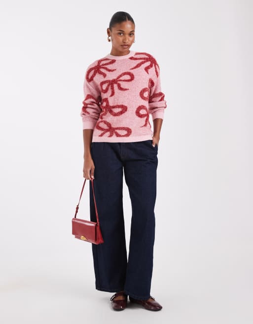 Noisy May crew neck Christmas sweater with bows in pink, 3 of 4