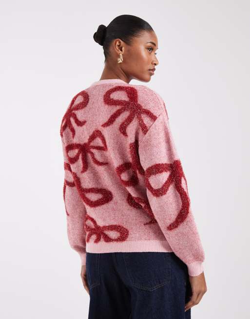 Noisy May crew neck Christmas sweater with bows in pink, 4 of 4