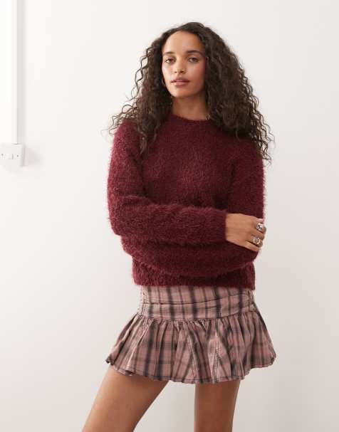 Noisy May crew neck fluffy knit jumper in burgundy - view 1