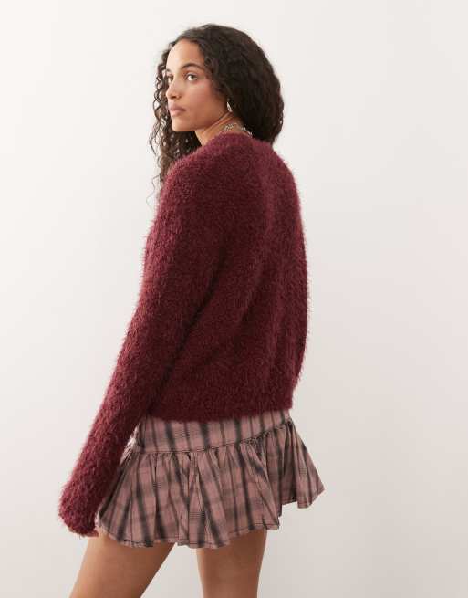 Noisy May crew neck fluffy knit jumper in burgundy, 4 of 4
