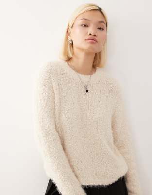 Noisy May Noisy May crew neck fluffy knit jumper in cream-White