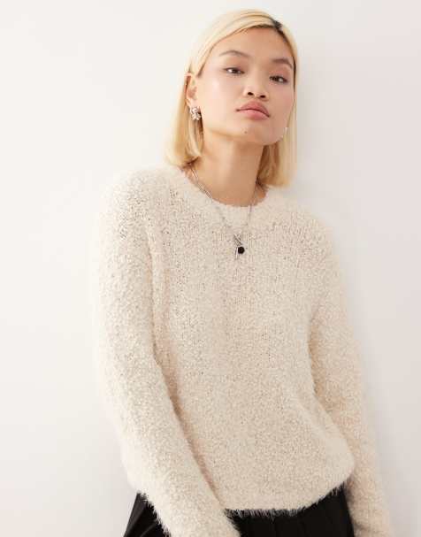 Noisy May crew neck fluffy knit jumper in cream - view 1
