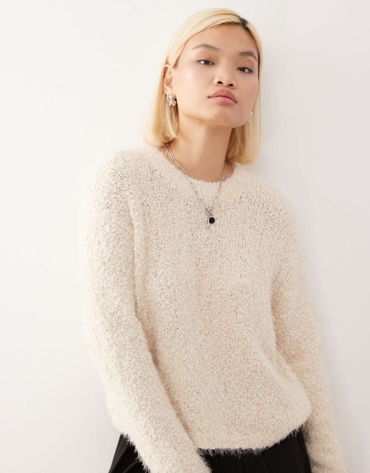 Noisy May crew neck fluffy knit jumper in cream