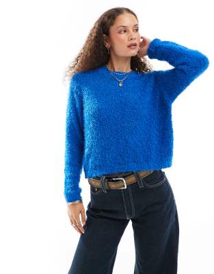 Noisy May crew neck fuzzy knit jumper in blue