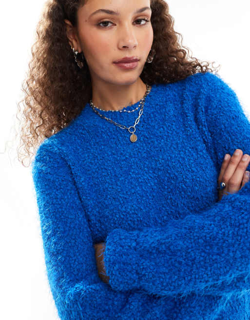 Noisy May crew neck fuzzy knit jumper in blue ASOS