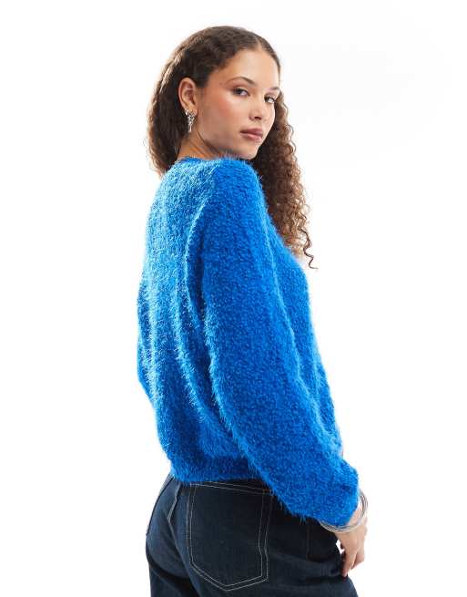 Noisy May crew neck fuzzy knit jumper in blue