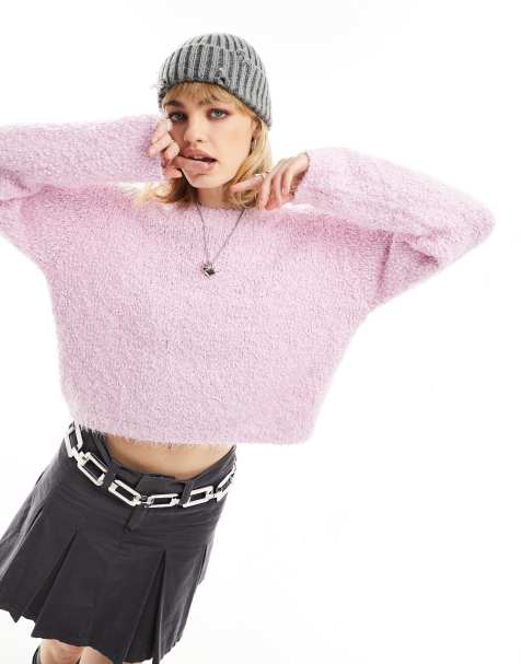 Noisy May crew neck fuzzy knit jumper in pink - view 1