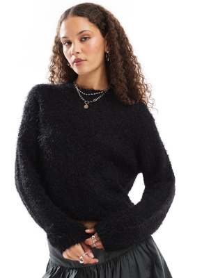 crew neck fuzzy knit sweater in black