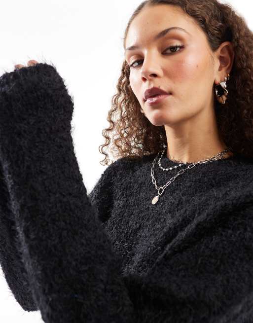 Noisy May crew neck fuzzy knit sweater in black | ASOS