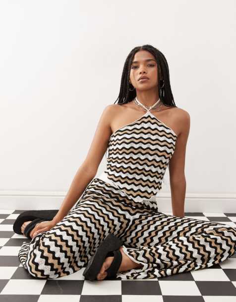 Noisy May crochet halter top co-ord in black & beige wave - view 1