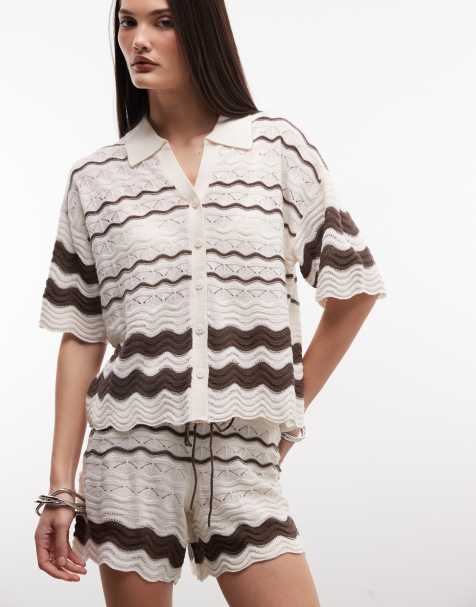 Noisy May crochet polo co-ord in beige & brown - view 1