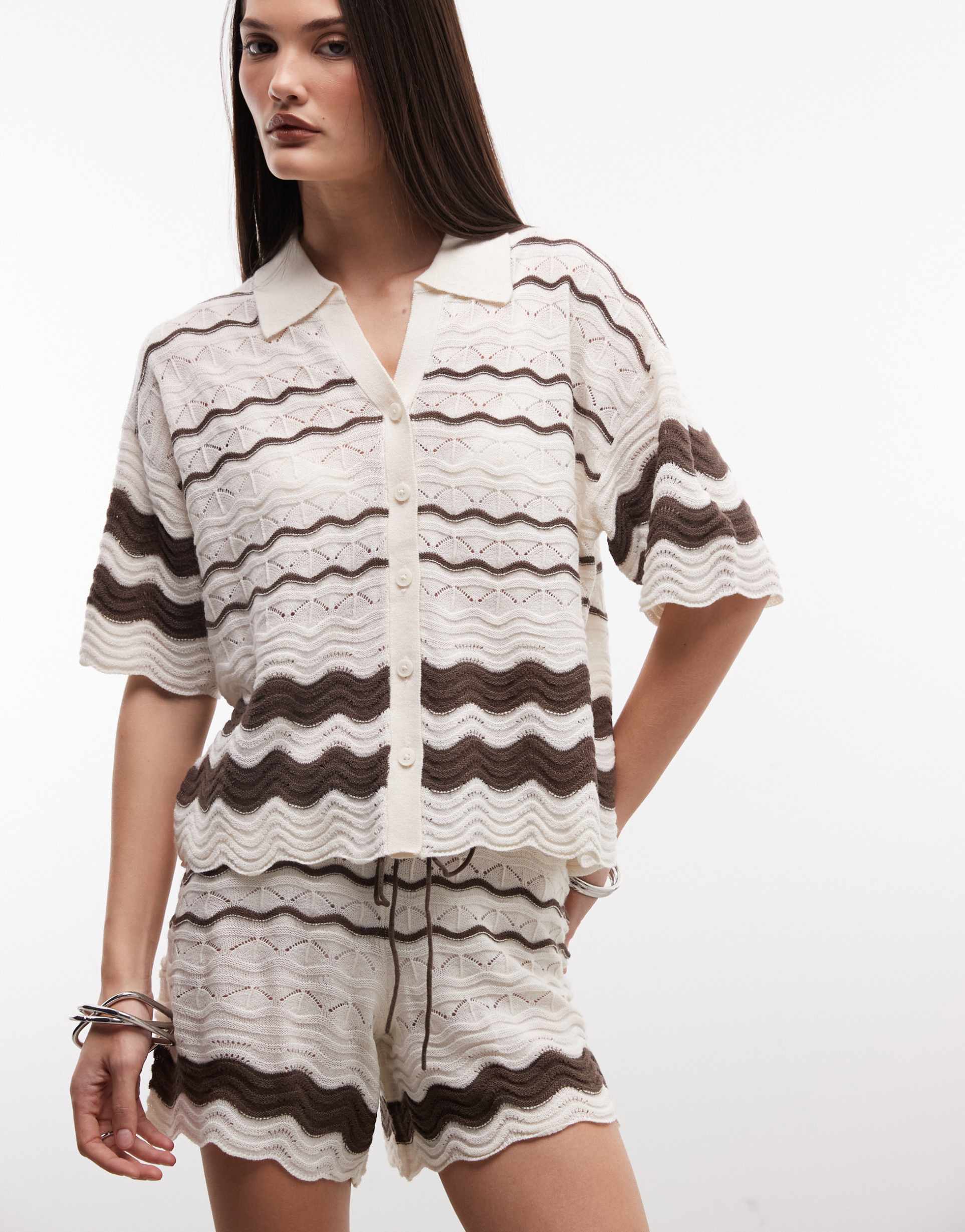 noisy may crochet polo in beige & brown - part of a set