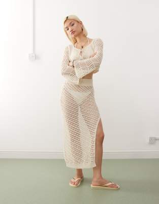crochet tie detail maxi skirt in beige - part of a set-Neutral