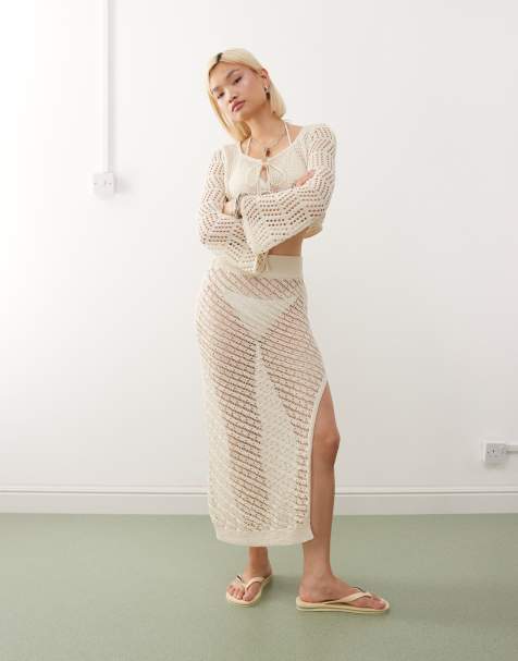 Noisy May crochet tie detail maxi skirt in beige - part of a set - view 1