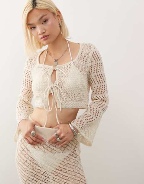 Noisy May crochet tie front cardigan in beige - part of a set - view 1