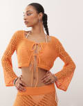 [Noisy May] Noisy May crochet tie-front cardigan in orange (Part of a set) M ORANGE