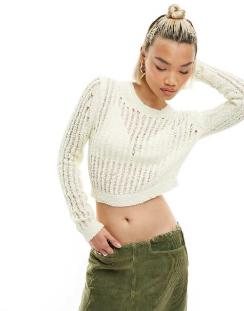 Noisy May - Crop top girocollo in maglia traforata bianco sporco - view 1
