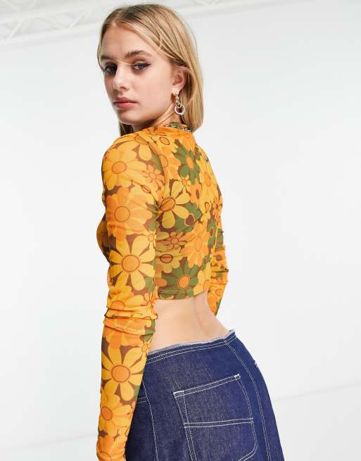 Noisy May - Crop top in rete arancione a fiori anni '70, 2 di 4