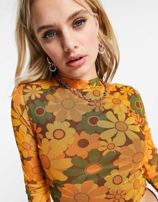 Noisy May - Crop top in rete arancione a fiori anni '70, 3 di 4