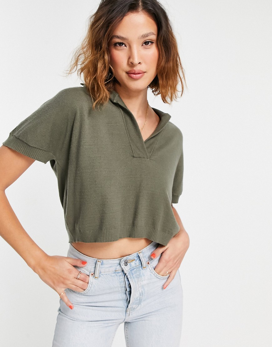 Noisy May crop top with collar detail in khaki-Green