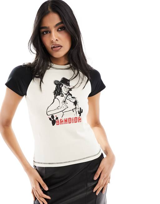 Noisy May cropped baby tee with cowgirl print in cream