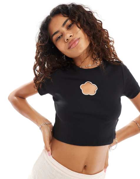 Noisy May cropped baby tee with flower cut out in black - view 1