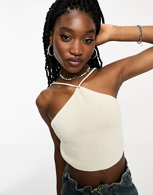 Noisy May cropped backless crochet top in white
