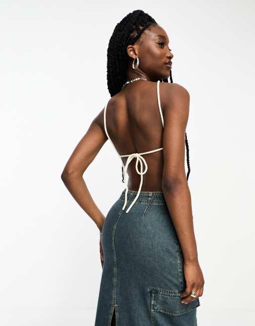 Noisy May cropped backless crochet top in white