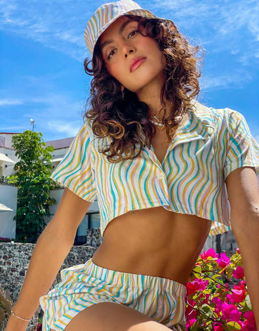 Noisy May cropped beach shirt co-ord in pastel stripe