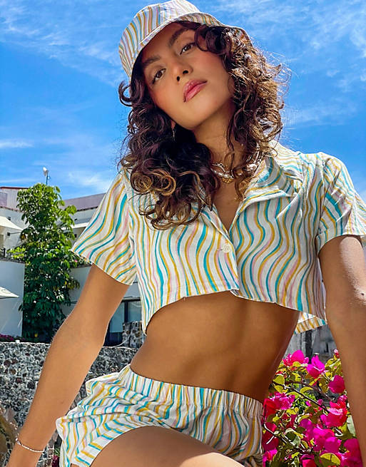 Noisy May cropped beach shirt in pastel stripe (Part of a set)