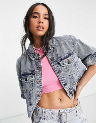 Noisy May cropped boxy cropped denim jacket in blue wash