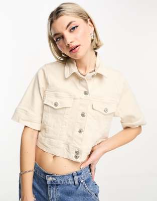 Noisy May cropped boxy denim jacket in ecru