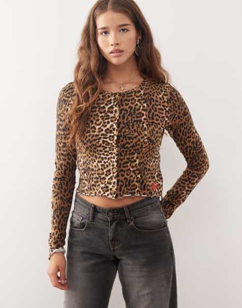 Noisy May cropped button up top with lettuce edges in leopard print - view 1