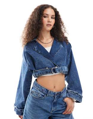 Noisy May Cropped Denim Jacket With Belt Detail In Mid Wash Blue