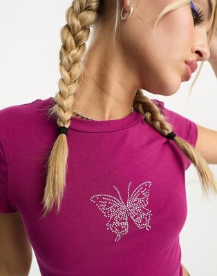 Noisy May cropped diamante butterfly t-shirt in pink - ASOS Price Checker