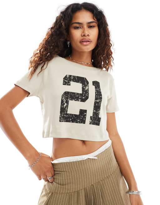 Noisy May cropped football jersey with 21 print in light gray