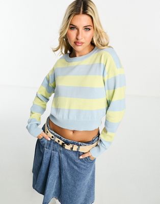 Noisy May cropped jumper in blue and yellow stripe