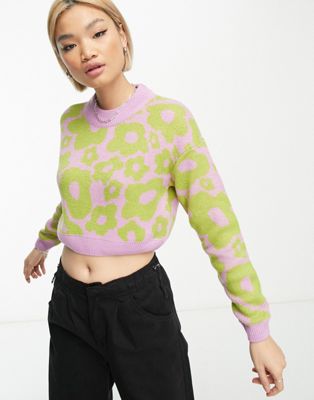 Noisy May cropped jumper in lime & purple floral-Multi