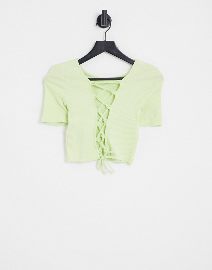 Noisy May cropped lace up back t-shirt in green