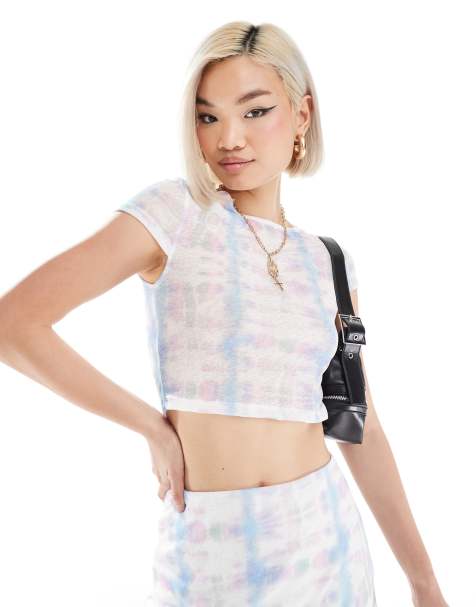 Noisy May cropped mesh t-shirt co-ord with abstract print in pastel - view 1