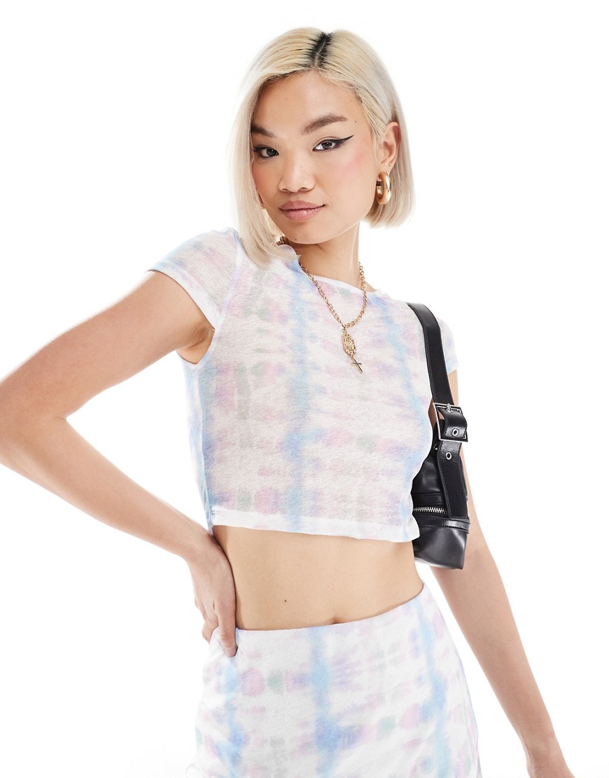 Noisy May cropped mesh t-shirt co-ord with abstract print in pastel-White