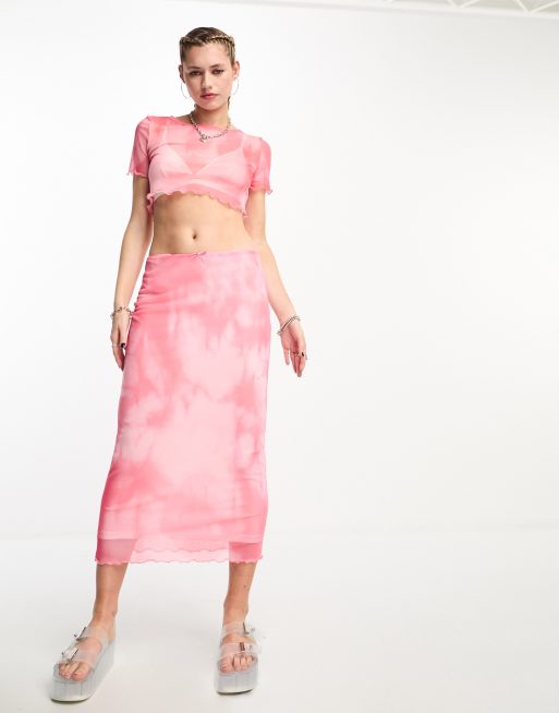 Noisy May cropped mesh t-shirt in pink marble (part of a set), 4 of 4