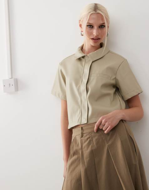 Noisy May - Cropped overhemd van imitatieleer in beige - view 1