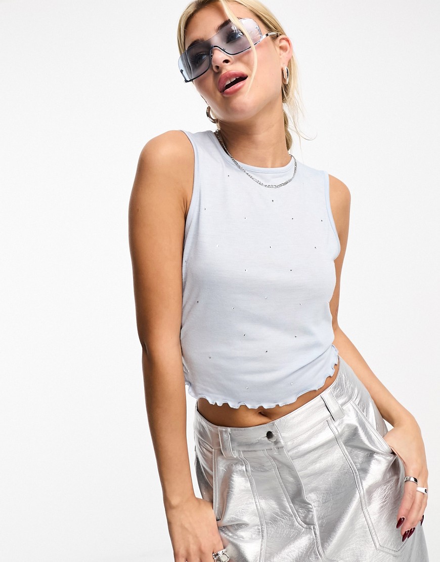 Noisy May Cropped Scallop Edge Rhinestone Tank Top In Baby Blue