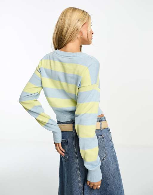 Noisy May cropped sweater in blue and yellow stripe