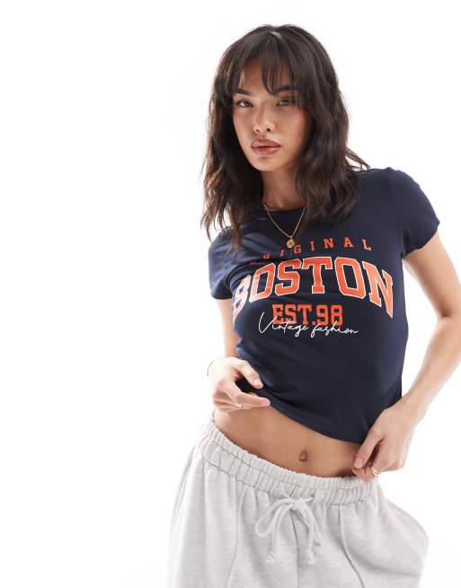 Noisy May - Cropped T-shirt met 'Boston'-print in marineblauw